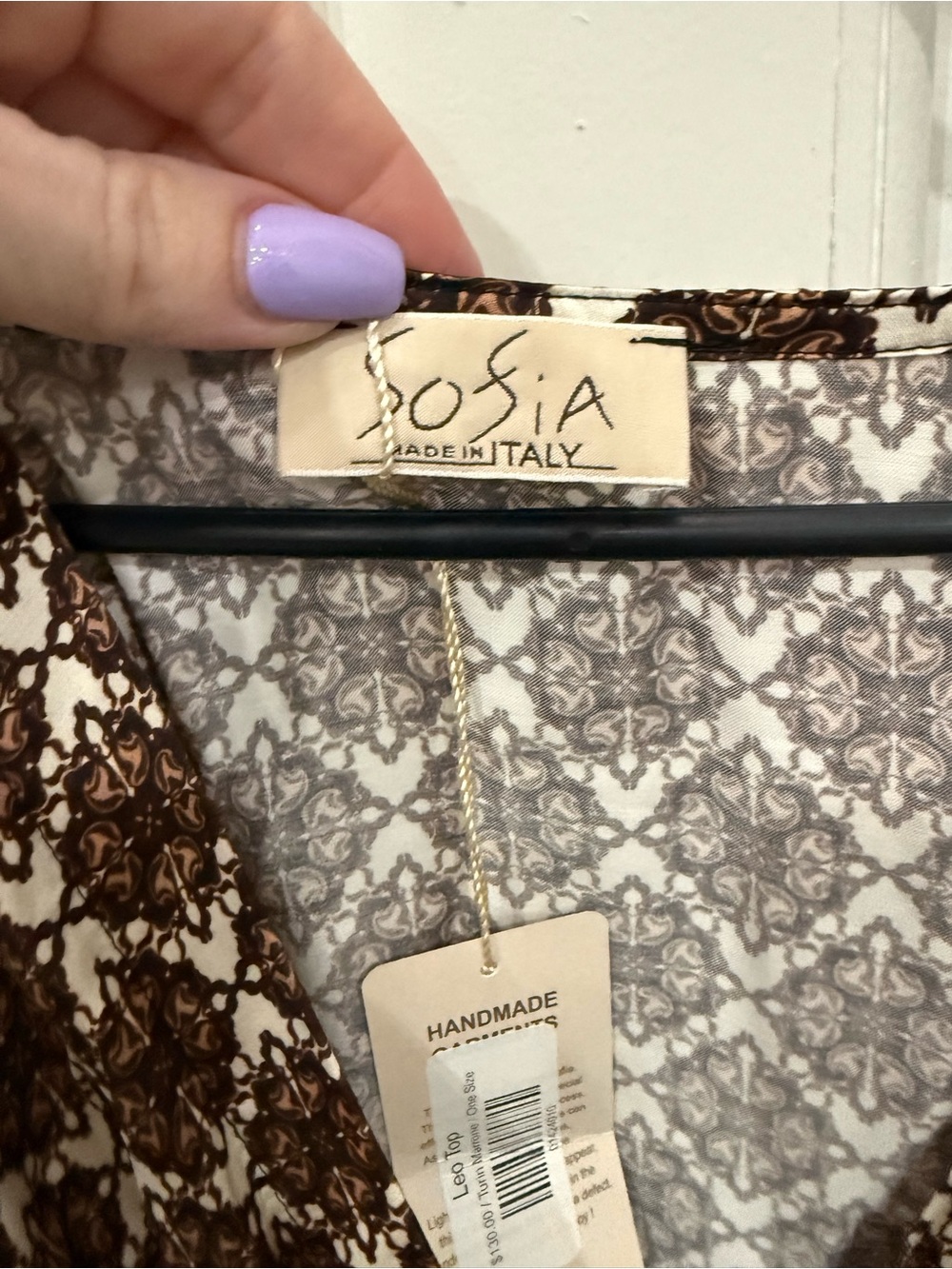 Sofia Made in Italy Leo Wrap Top OneSize Brown Ivory Abstract Print Surplice NWT - Picture 3 of 5